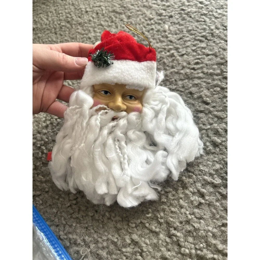 Vintage SANTA CLAUS Hard Plastic Face  White Yarn Beard Hanging Ornament VGC